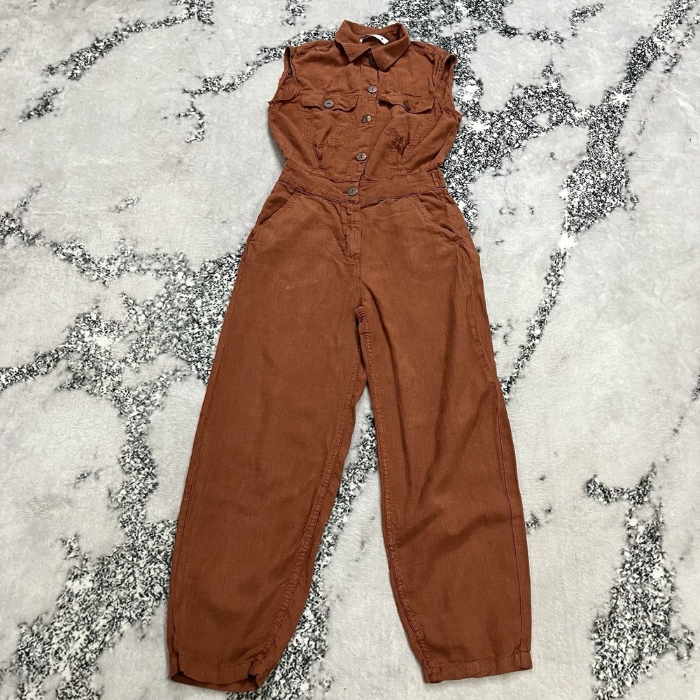 Zara Ramie Lyocell Utility Jumpsuit Rust Sleeveless Barrel Leg Womens Size XS